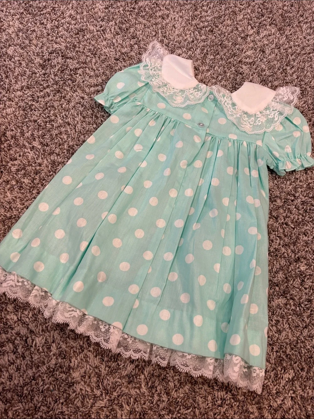 Vintage Mint Polka Dot Lace-Trim Girls' Dress